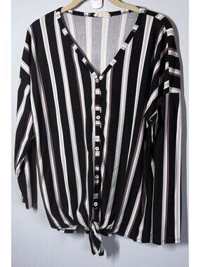 Betsy's Boutique Womens Medium Black Striped Tie Front Blouse V Neck Boho Casual